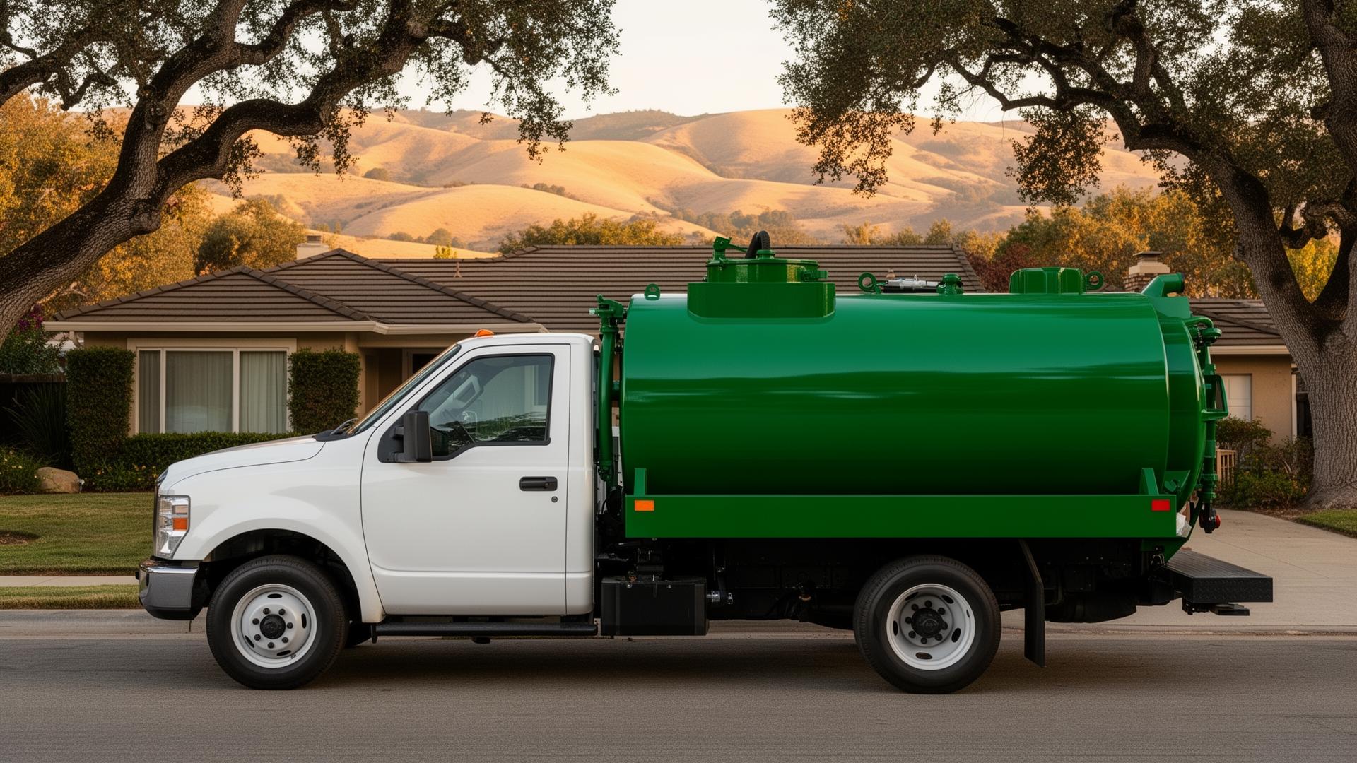 Clean commercial septic pumping truck parked at a Pass Area home